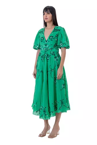 Floral Embroidered Midi Dress with Blouson Sleeves and Belt