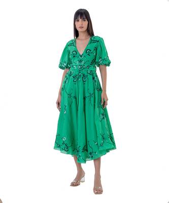 Floral Embroidered Midi Dress with Blouson Sleeves and Belt 3
