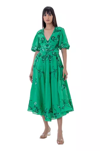 Floral Embroidered Midi Dress with Blouson Sleeves and Belt