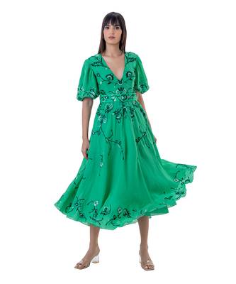 Floral Embroidered Midi Dress with Blouson Sleeves and Belt 4