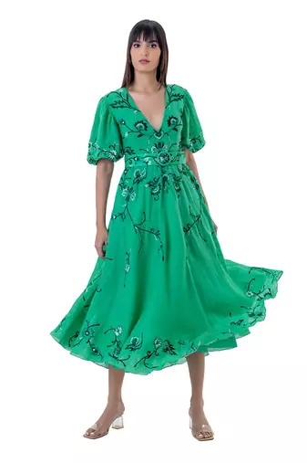 Floral Embroidered Midi Dress with Blouson Sleeves and Belt