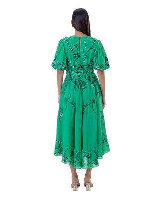 Floral Embroidered Midi Dress with Blouson Sleeves and Belt 5