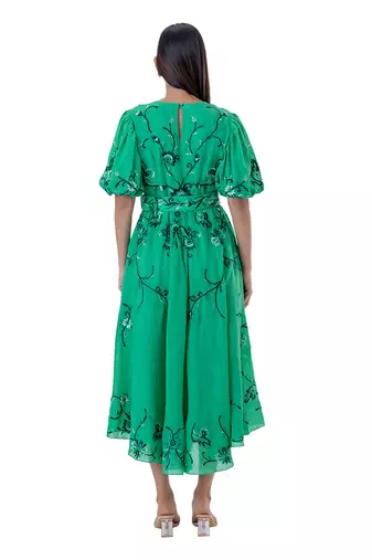 Floral Embroidered Midi Dress with Blouson Sleeves and Belt