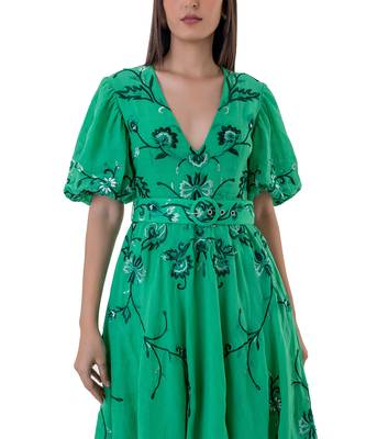 Floral Embroidered Midi Dress with Blouson Sleeves and Belt 6