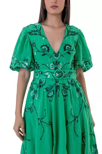 Floral Embroidered Midi Dress with Blouson Sleeves and Belt