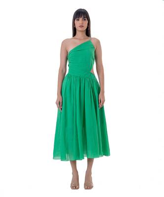 One-Shoulder Midi Dress with Cut-out Waist Detail and Gathers 1