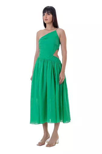 One-Shoulder Midi Dress with Cut-out Waist Detail and Gathers