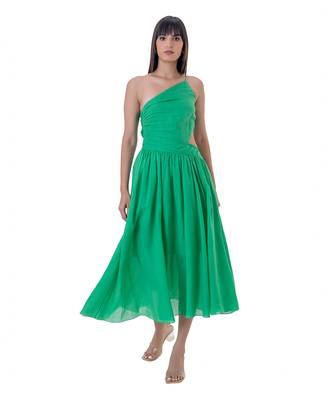 One-Shoulder Midi Dress with Cut-out Waist Detail and Gathers 3