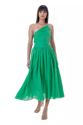 One-Shoulder Midi Dress with Cut-out Waist Detail and Gathers
