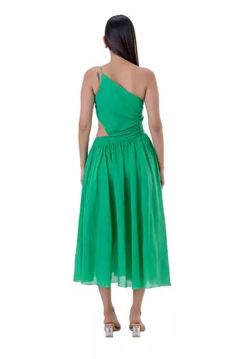 One-Shoulder Midi Dress with Cut-out Waist Detail and Gathers