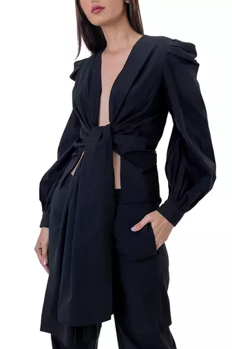 Front-tie Shirt with Blouson Sleeves