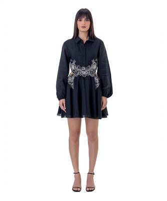 Floral Embroidered Mini Dress with Cut-out Waist Detail 1