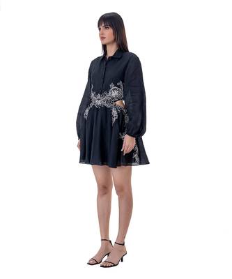 Floral Embroidered Mini Dress with Cut-out Waist Detail 2