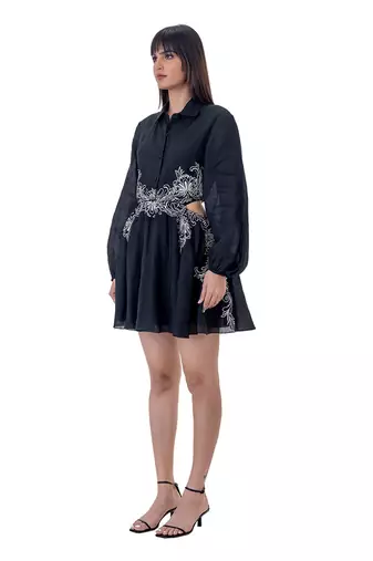 Floral Embroidered Mini Dress with Cut-out Waist Detail