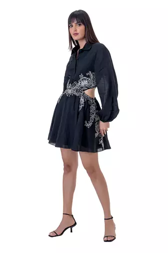 Floral Embroidered Mini Dress with Cut-out Waist Detail