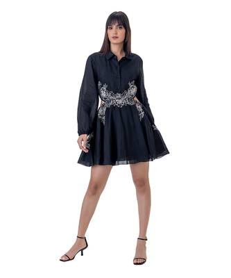 Floral Embroidered Mini Dress with Cut-out Waist Detail 4