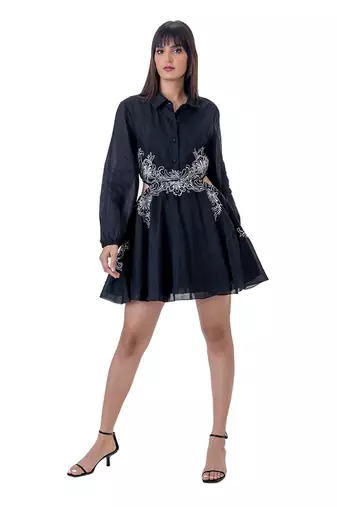 Floral Embroidered Mini Dress with Cut-out Waist Detail