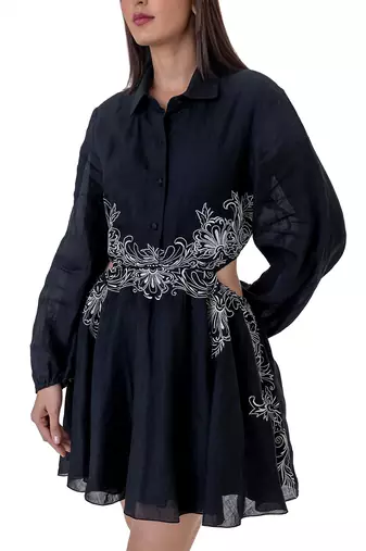 Floral Embroidered Mini Dress with Cut-out Waist Detail