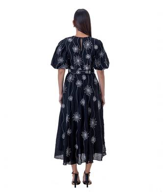 Embroidered Midi Dress with Blouson Sleeves and Belt 2