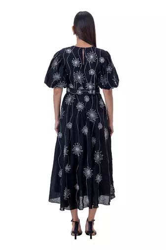 Embroidered Midi Dress with Blouson Sleeves and Belt