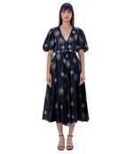 Embroidered Midi Dress with Blouson Sleeves and Belt