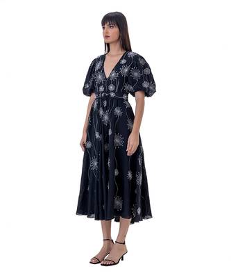 Embroidered Midi Dress with Blouson Sleeves and Belt 3