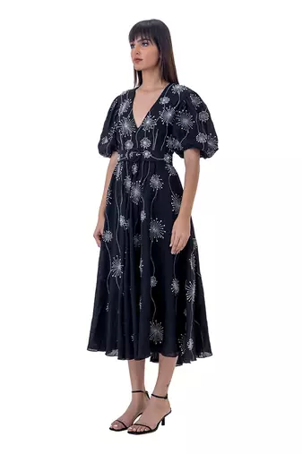 Embroidered Midi Dress with Blouson Sleeves and Belt
