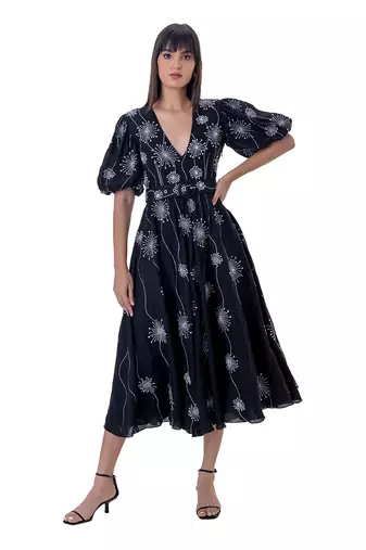 Embroidered Midi Dress with Blouson Sleeves and Belt