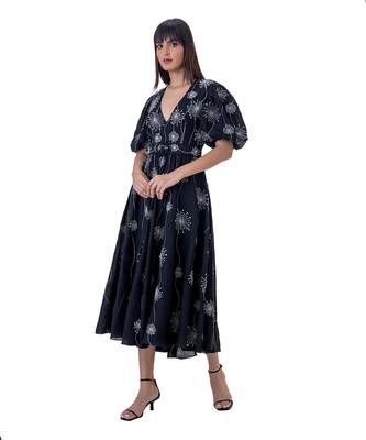 Embroidered Midi Dress with Blouson Sleeves and Belt 5