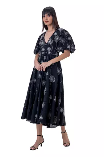Embroidered Midi Dress with Blouson Sleeves and Belt