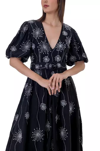 Embroidered Midi Dress with Blouson Sleeves and Belt