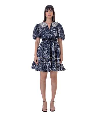 Printed Mini Dress with Blouson Sleeves, Embroidered Detail and  Beaded Belt 1