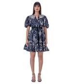 Printed Mini Dress with Blouson Sleeves, Embroidered Detail and  Beaded Belt