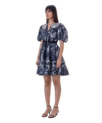 Printed Mini Dress with Blouson Sleeves, Embroidered Detail and  Beaded Belt 2