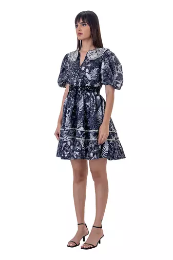 Printed Mini Dress with Blouson Sleeves, Embroidered Detail and  Beaded Belt