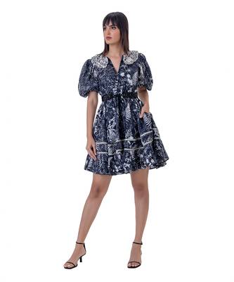 Printed Mini Dress with Blouson Sleeves, Embroidered Detail and  Beaded Belt 3