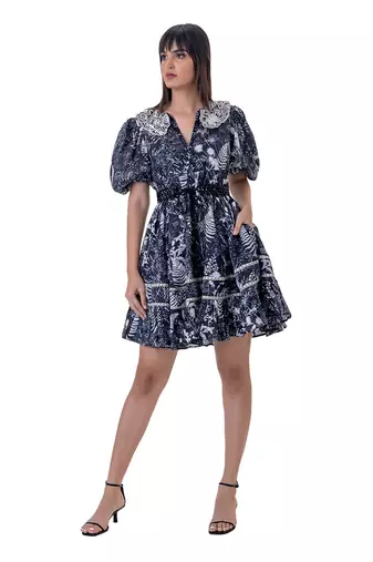 Printed Mini Dress with Blouson Sleeves, Embroidered Detail and  Beaded Belt
