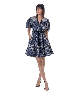 Printed Mini Dress with Blouson Sleeves, Embroidered Detail and  Beaded Belt 4