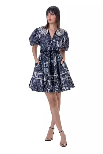 Printed Mini Dress with Blouson Sleeves, Embroidered Detail and  Beaded Belt