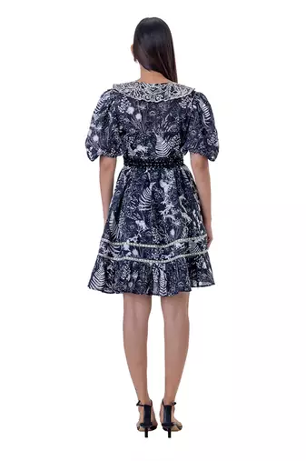 Printed Mini Dress with Blouson Sleeves, Embroidered Detail and  Beaded Belt
