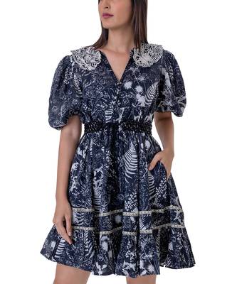 Printed Mini Dress with Blouson Sleeves, Embroidered Detail and  Beaded Belt 6