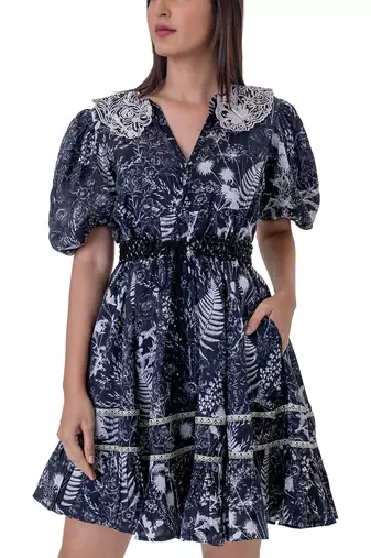 Printed Mini Dress with Blouson Sleeves, Embroidered Detail and  Beaded Belt