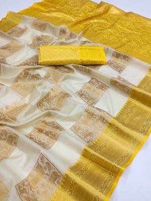 Yellow hand woven Banarasi silk blend saree with blouse 4