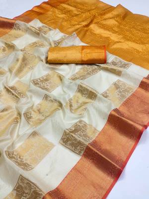 Orange hand woven Banarasi silk blend saree with blouse 4