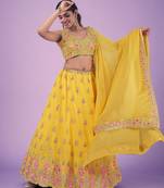 YELLOW THREAD AND ZARI EMBROIDERED GEORGETTE FESTIVE & PARTY WEAR SEMI STITCHED LEHENGA