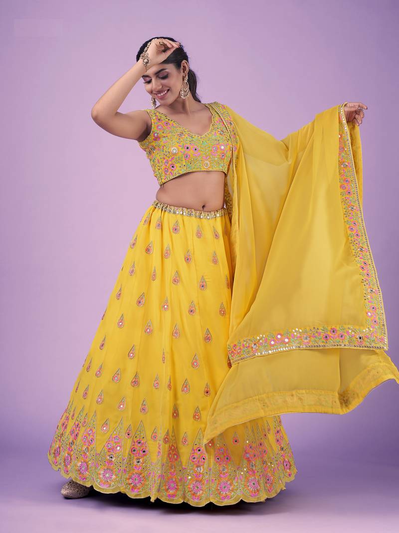 YELLOW THREAD AND ZARI EMBROIDERED GEORGETTE FESTIVE & PARTY WEAR SEMI STITCHED LEHENGA