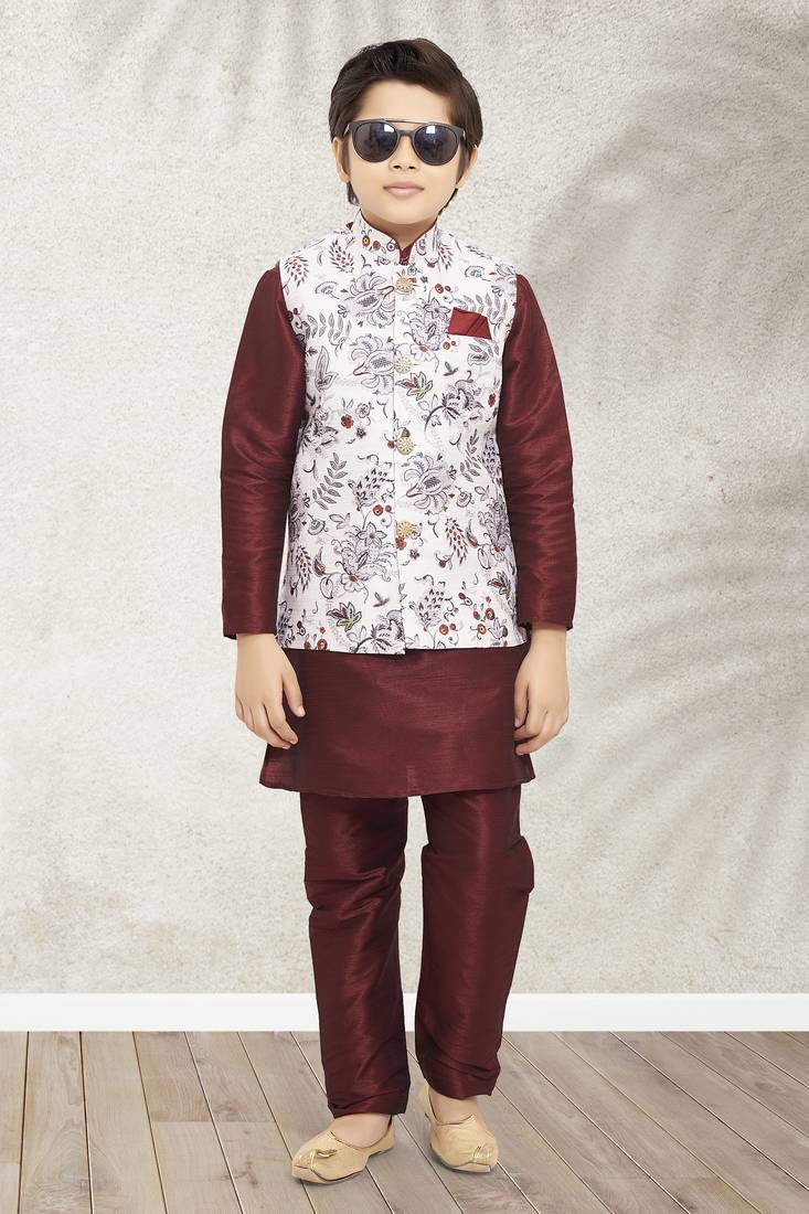 Maroon plain art silk boys-kurta-pyjama