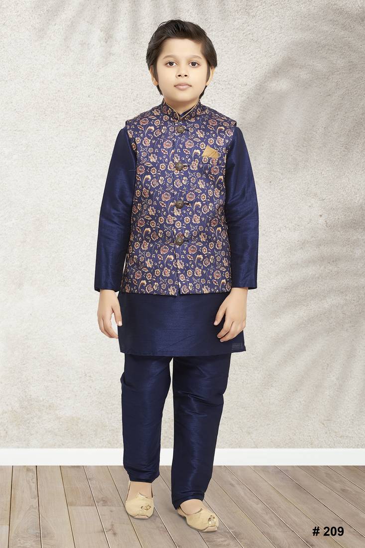 Blue plain art silk boys-kurta-pyjama