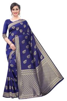 Navy Blue Jacquard Silk Blend Saree With Blouse Piece.