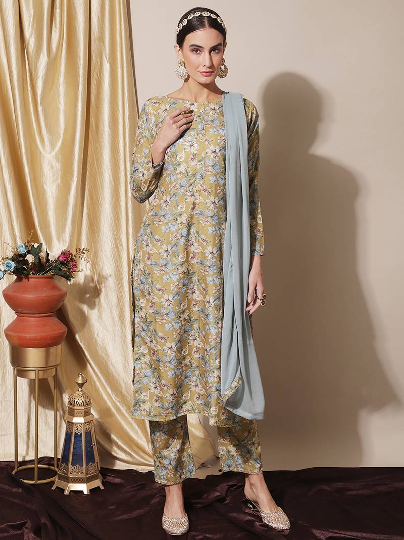 Mustard digital print pure silk salwar